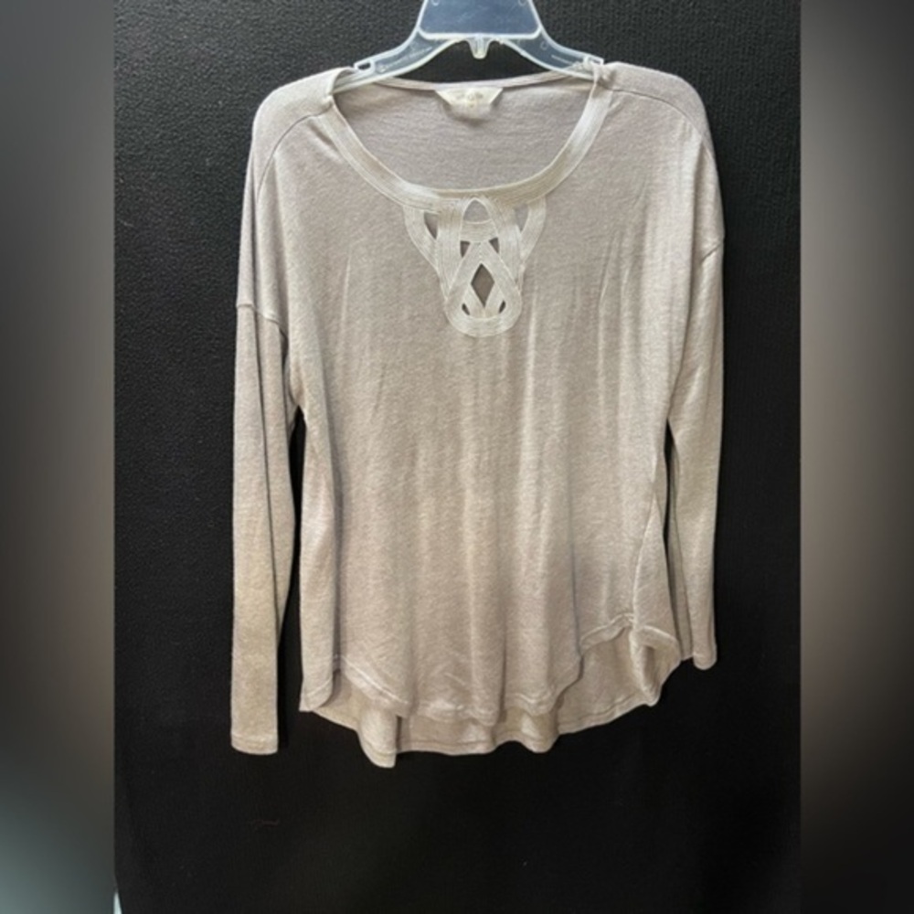 Amaryllis Long Sleeve Knit Top in Light Beige with Lattice Neck
